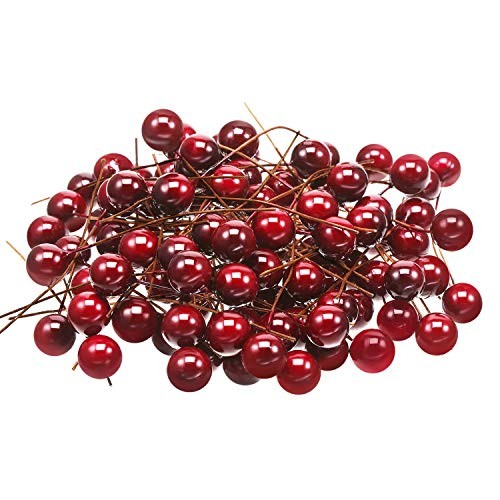 Artificial Holly Berries, 100 Pieces Mini 10 mm Fake Berries Decor on Wine Red