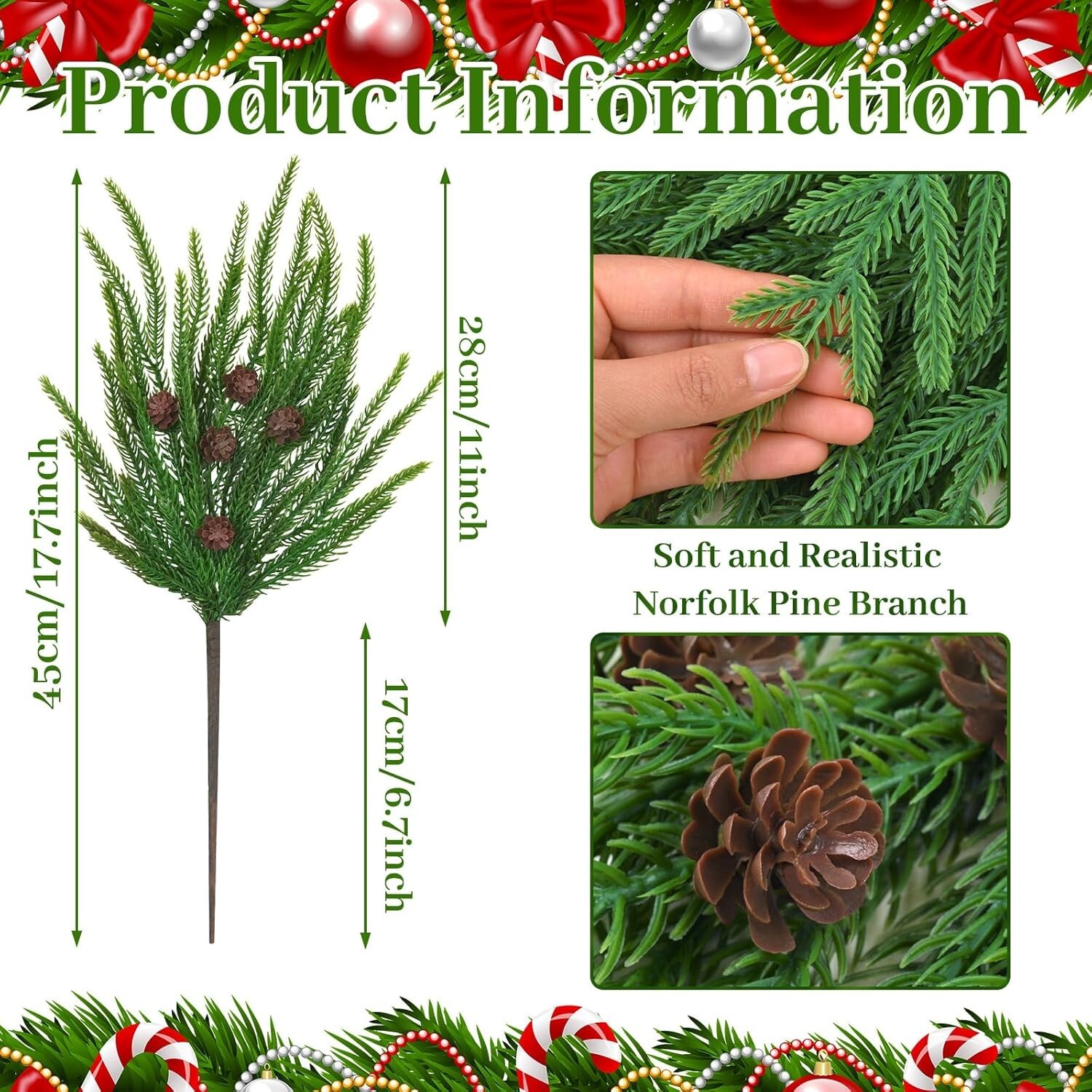 Dolicer 12 Pcs Christmas Decorations Norfolk Pine Stems, 17.7’’ Real Touch Norfo