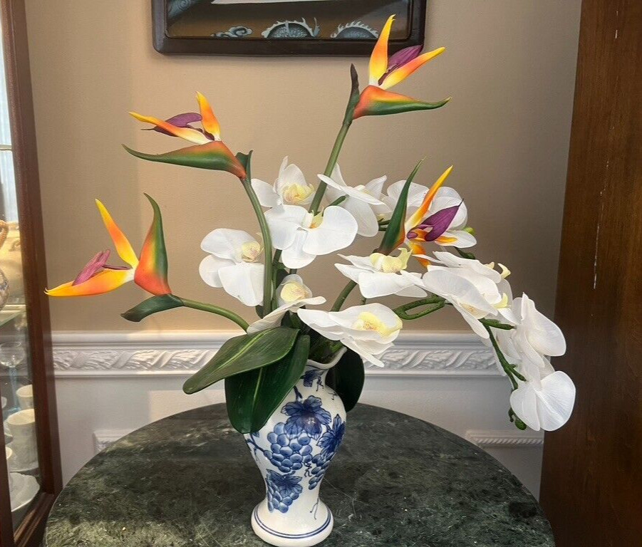 Floral Arrangement with Multi-Colored Silk Flowers in a Blue White Vase
