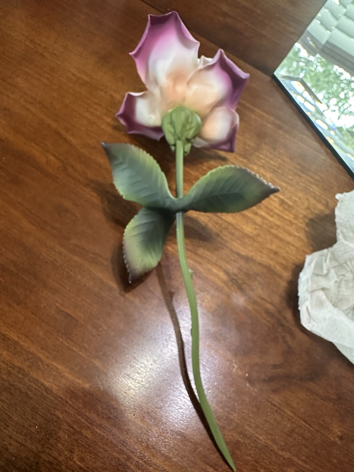 Vintage Capodimonte porcelain rose figurine, handcrafted and hand-painted