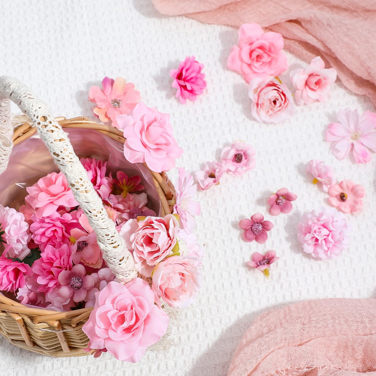 50 Pcs Pink Mini Faux Flower Heads for Crafts Wedding Cake Wreath Decor
