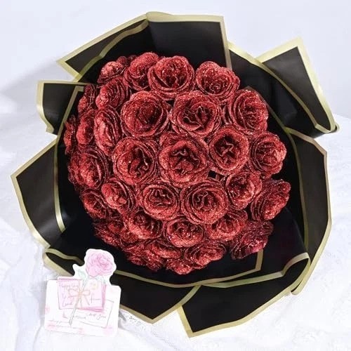 DIY Glitter Roses Bouquet 24 Pcs Red Artificial Silk Flowers for Birthday