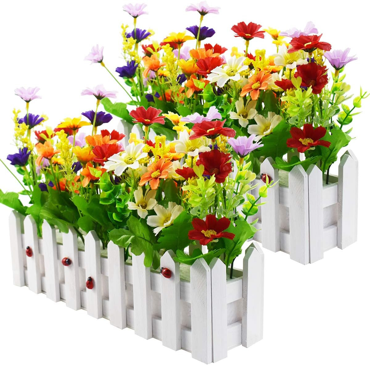 Artificial Flower Plants – Mixed Color Daisies in Picket Fence Pot for Indoor Of