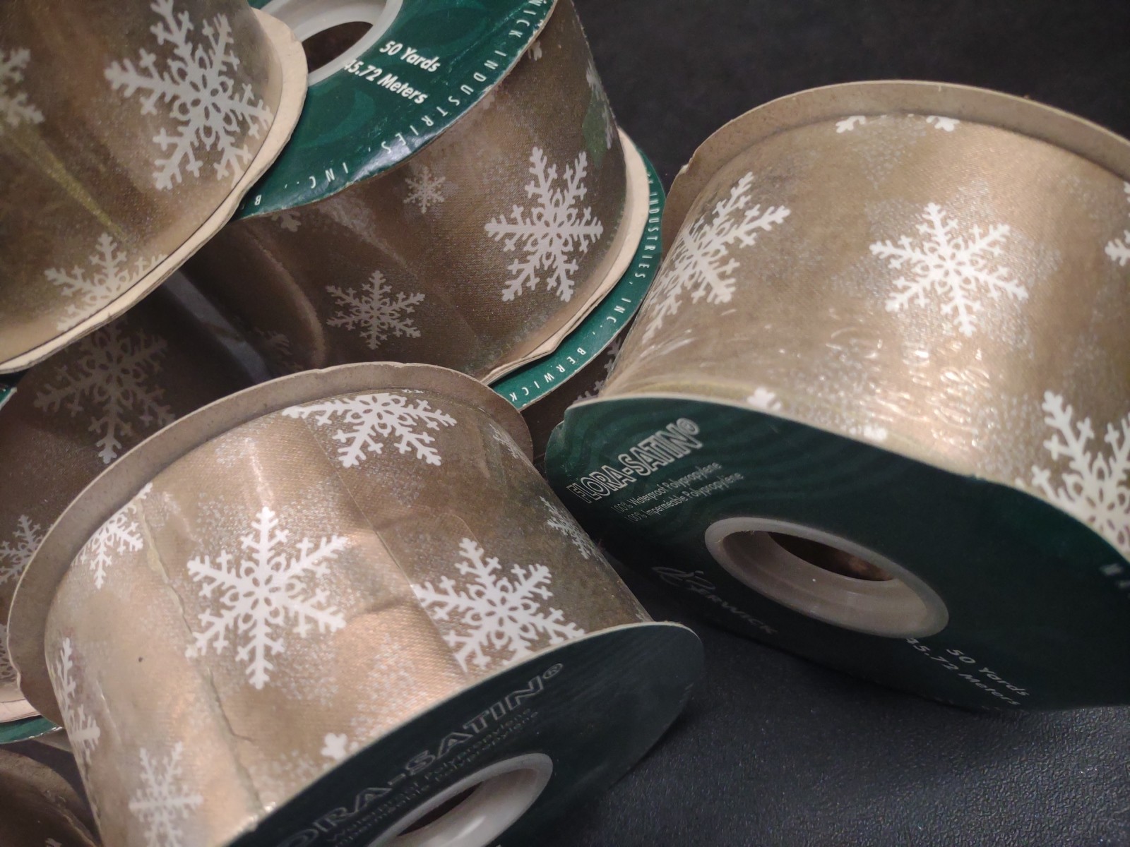 50Yd Flora-Satin Old Gold Ice Crystal Ribbon, Waterproof 2-3/8″ Snow Flake Frost