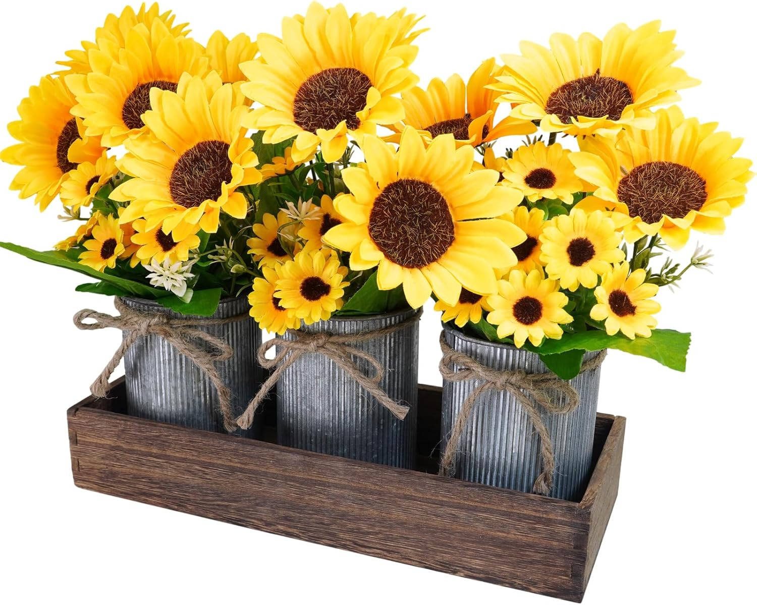 Set of 3 Artificial Sunflowers Metal Pot Centerpiece Farmhouse Sunflowers Flo…