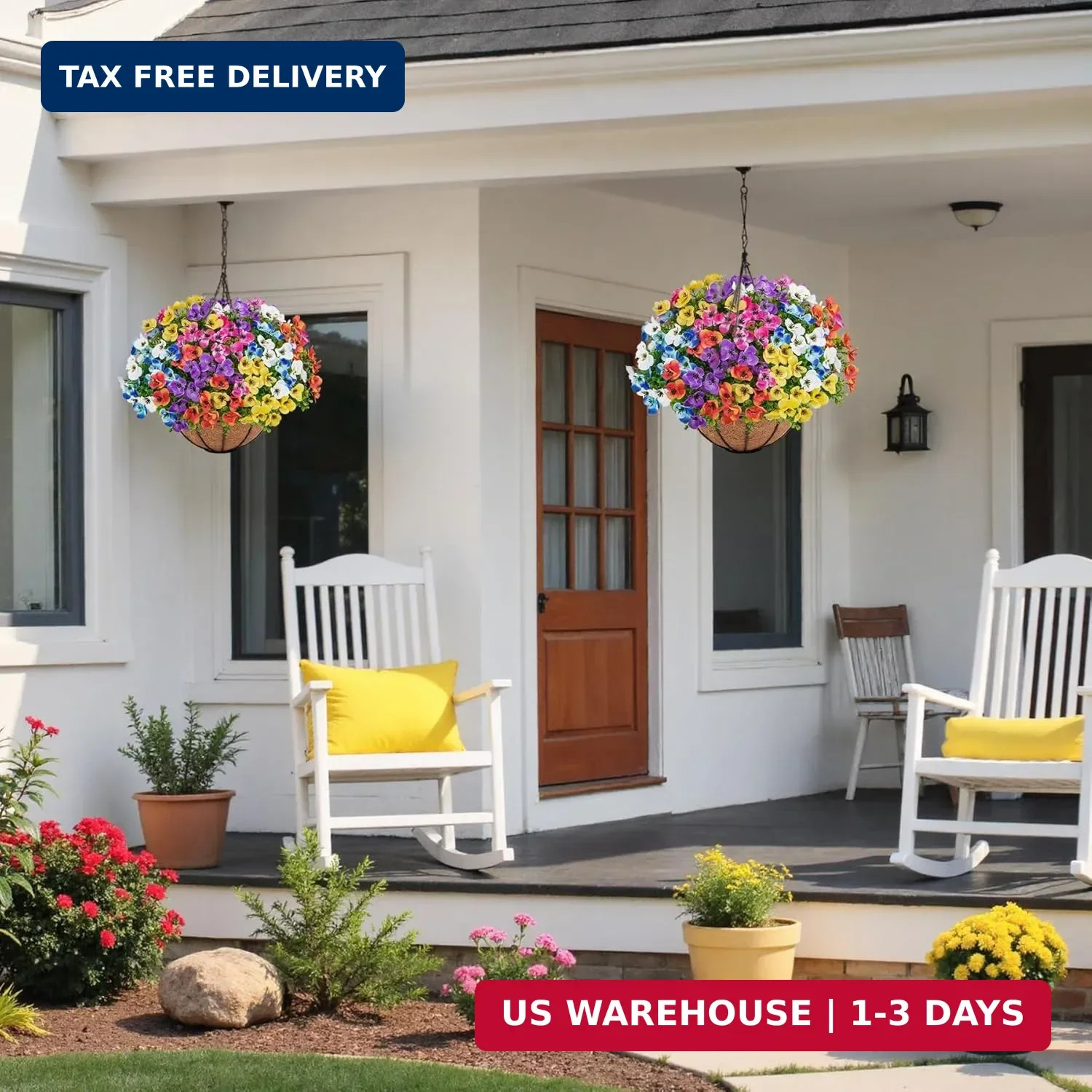 Artificial Hanging Flowers with Baskets for Outdoors, Fake Silk Pansy Flowers UV