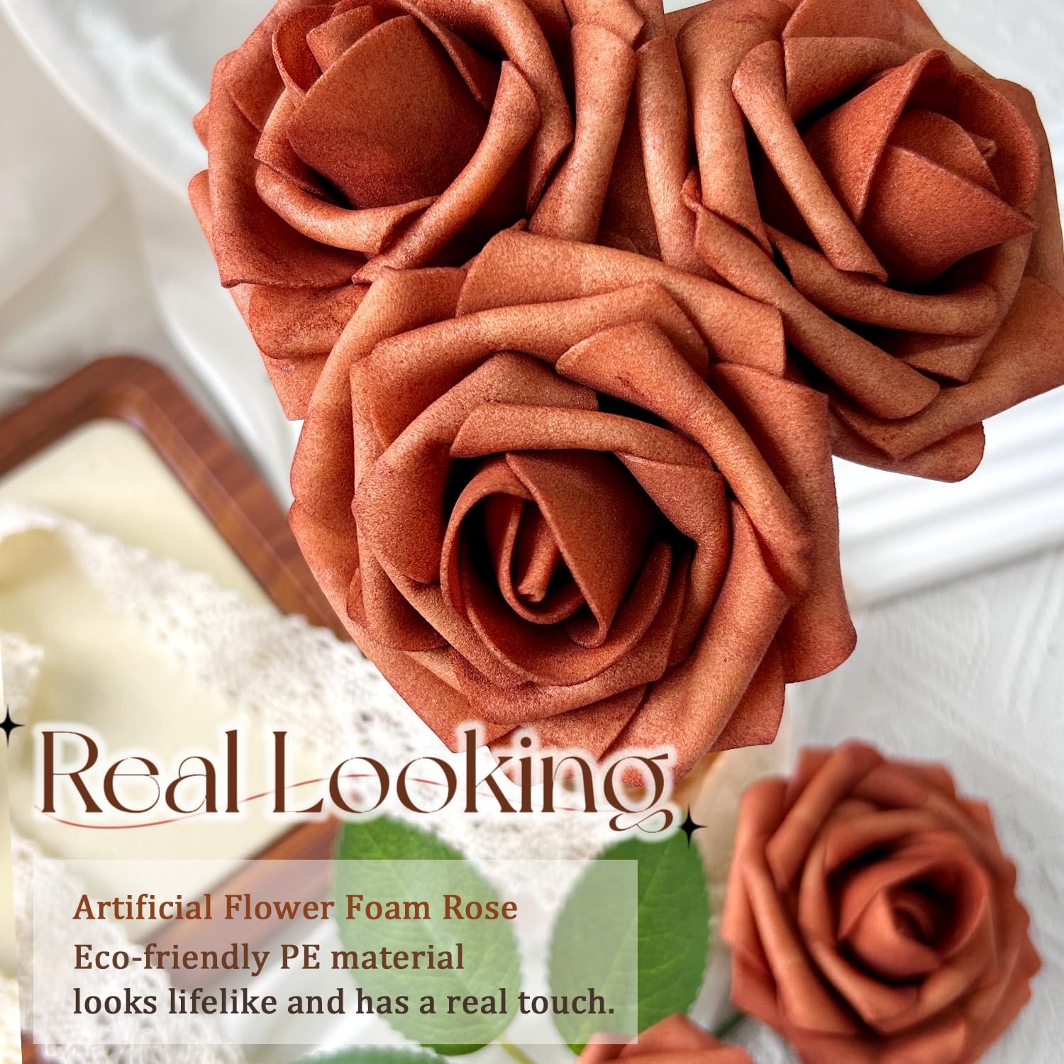 25pcs Artificial Flowers Burnt Orange Foam Fake Rose with Stems 8 Leaves Real…
