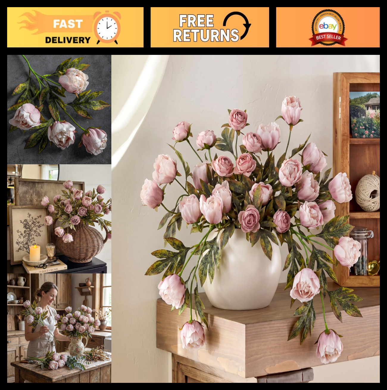 8 Pcs Faux Silk Peony Flowers Stems – Brownish Artificial Floral for Home Decor,