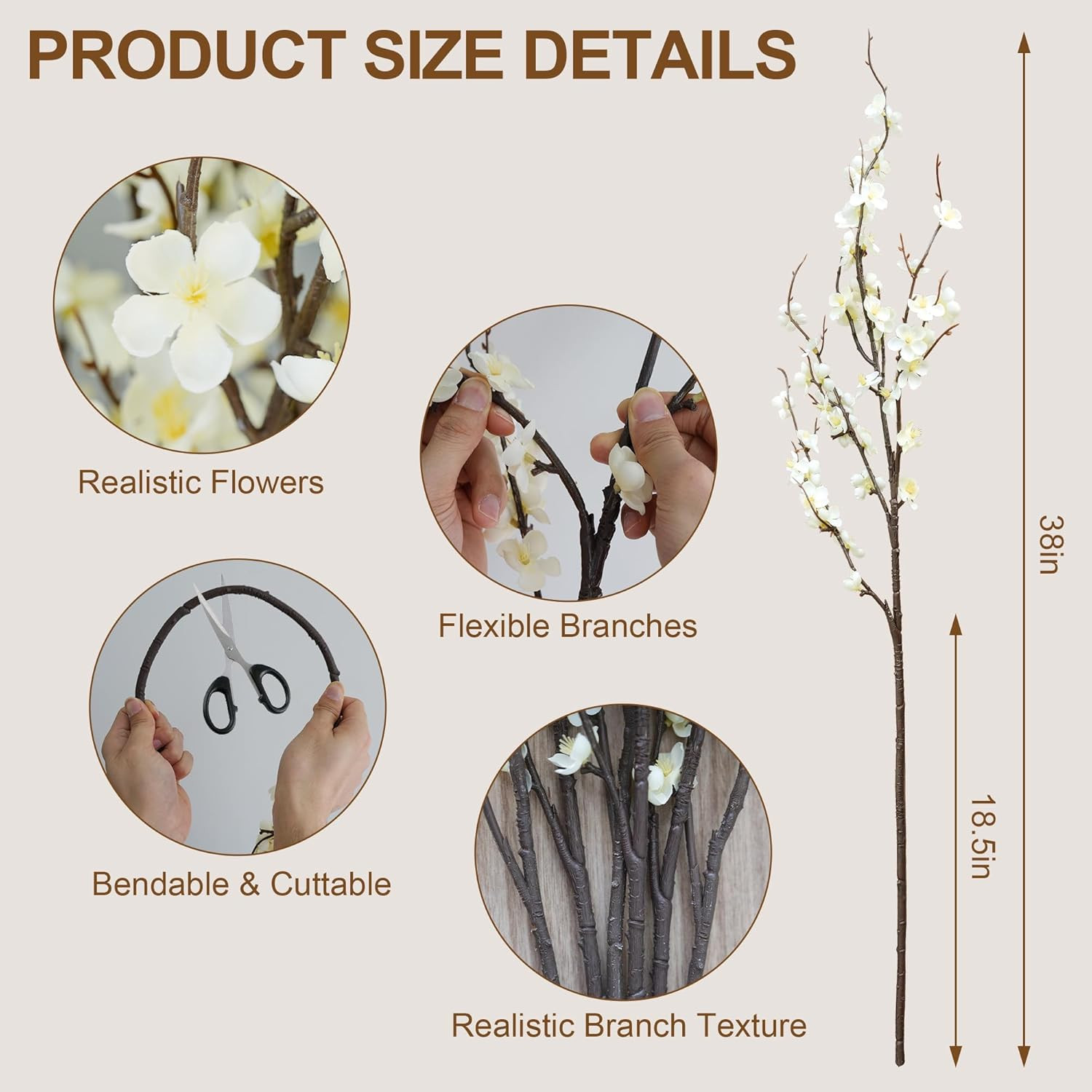 Cherry Blossom Branches Decor 39Inch 6Pc Artificial Flower Indoor Realistic | Wh