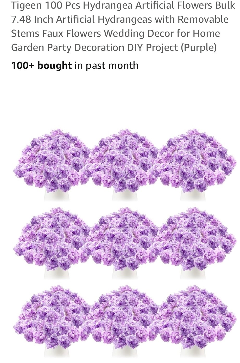 Tigeen 100 Pcs Hydrangea Artificial Flowers Bulk 7.48 Inch Hydrangeas #1037