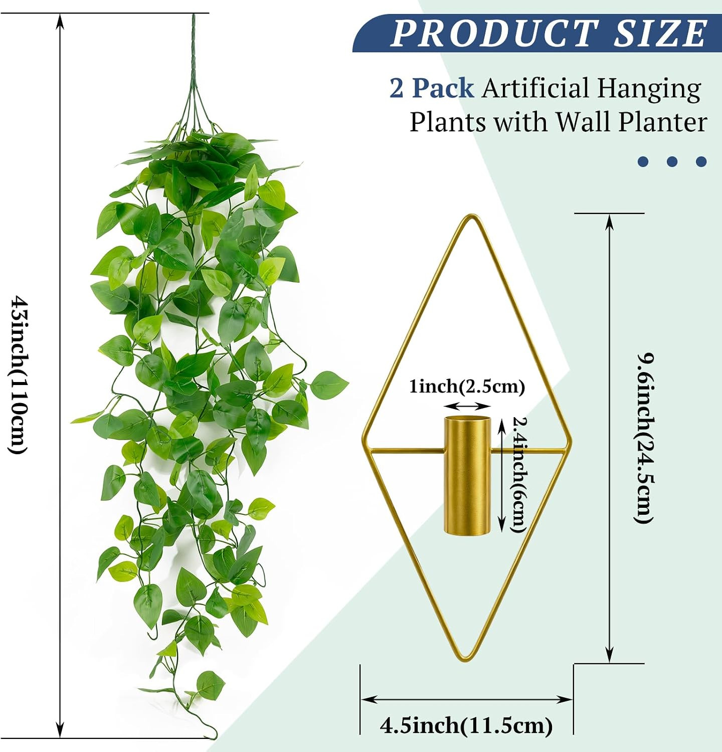 2 Pack Artificial Hanging Plants with Wall Planter, Faux Pothos Vines Fake Hangi