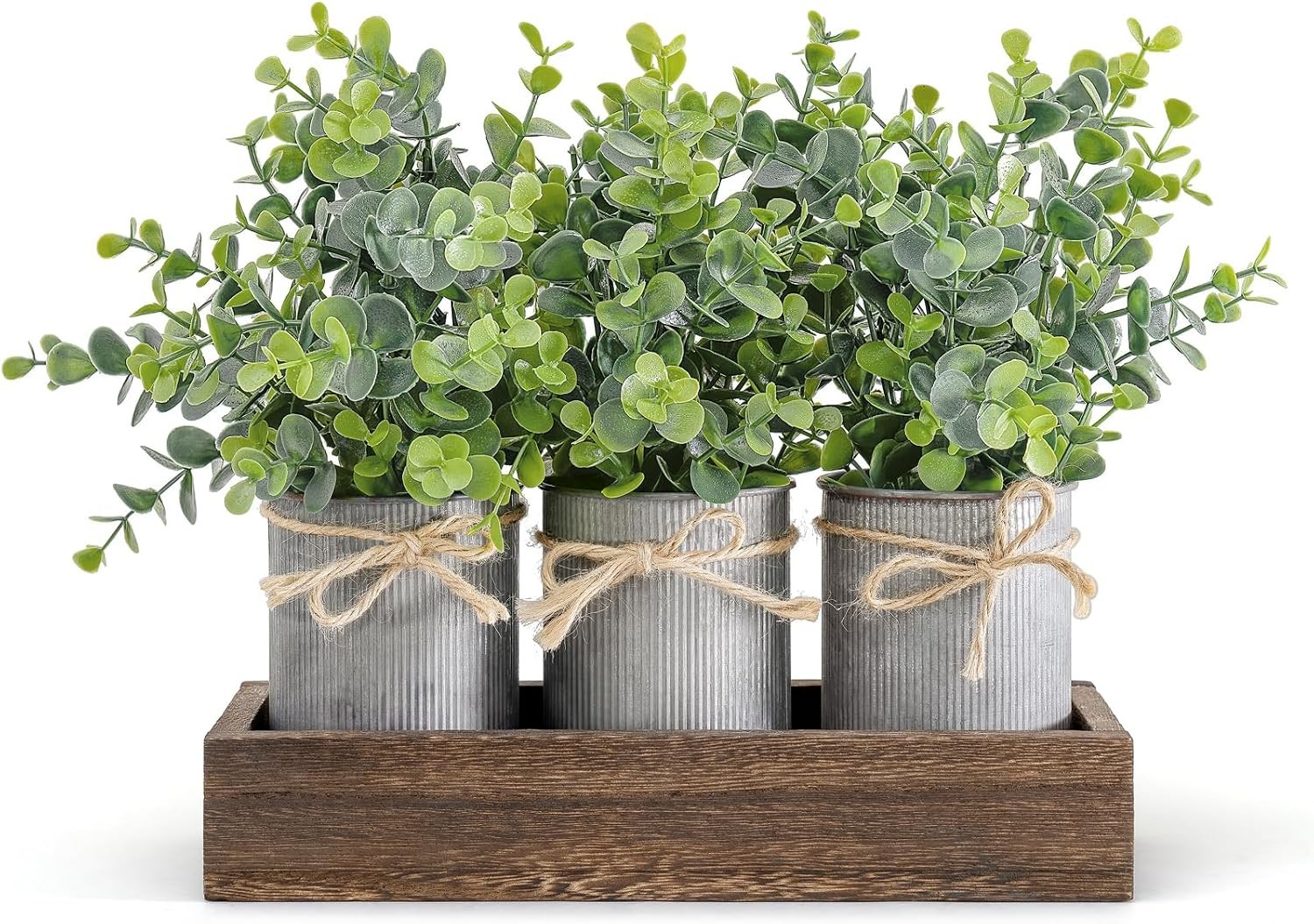 Elegant Faux Eucalyptus Table Centerpieces in Brown Wooden Tray – No Maintenance