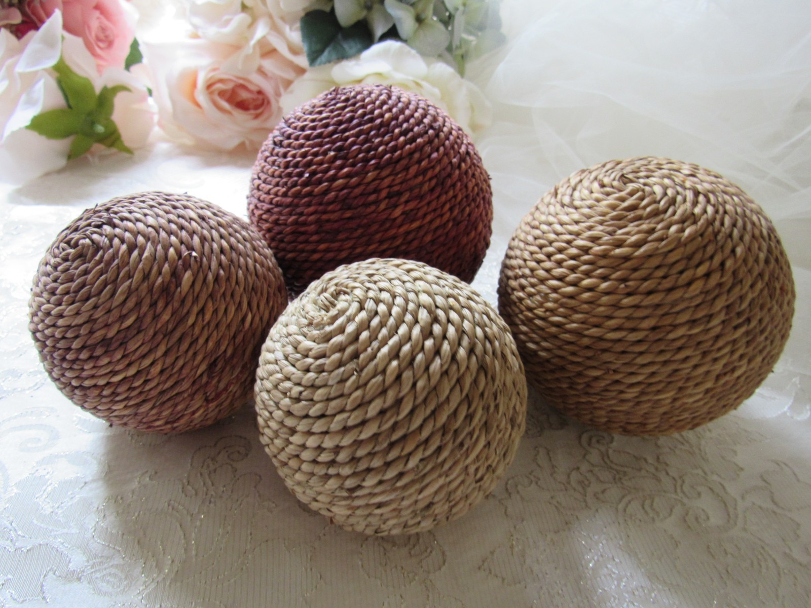 Jute Decor,set of 4,Mix Matched Floral Decor,4″ & 3″,Boho,tuscan,moroccan,sisal