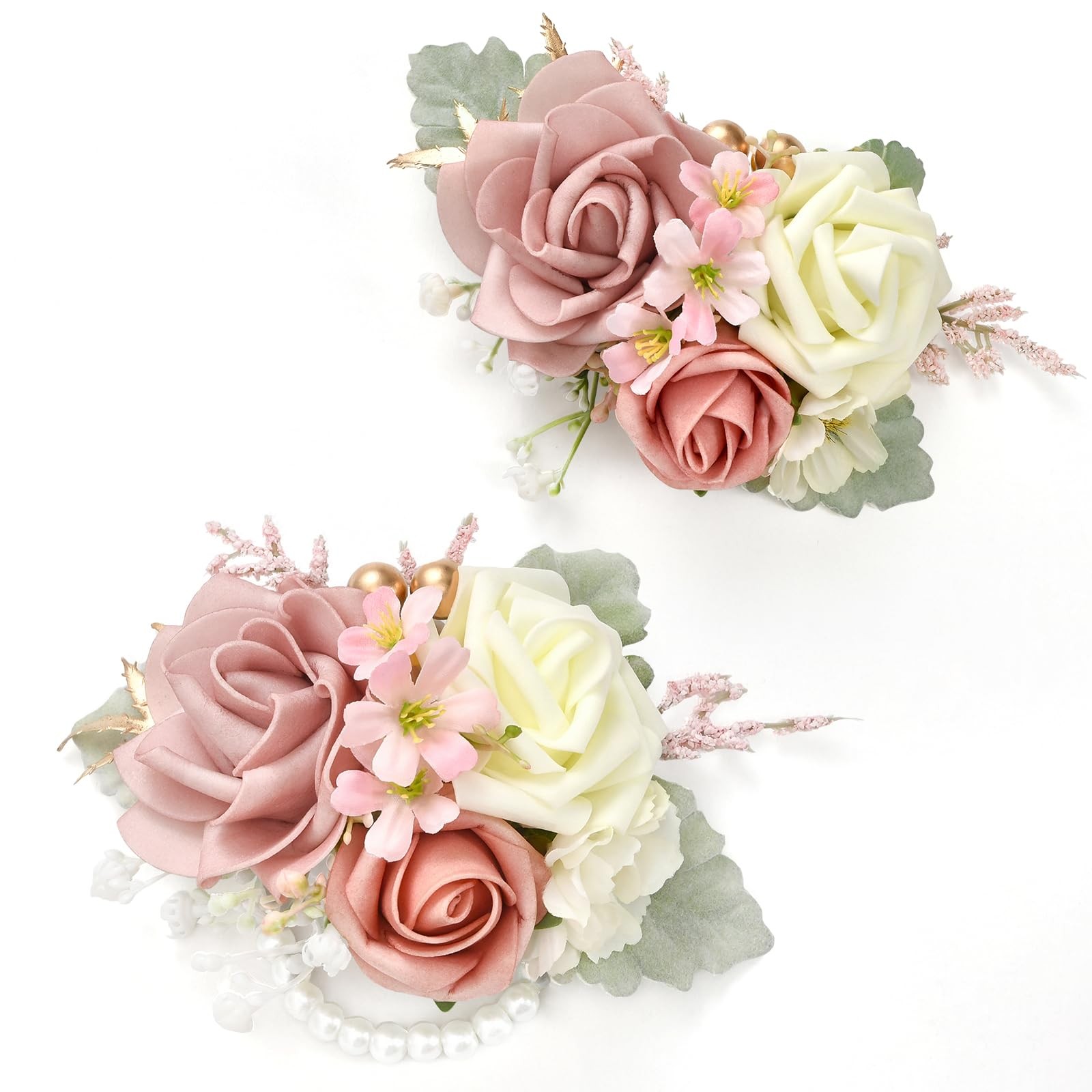 2 PCS Dusty Pink Wrist Corsage and Boutonniere Set Wedding Prom Ceremony