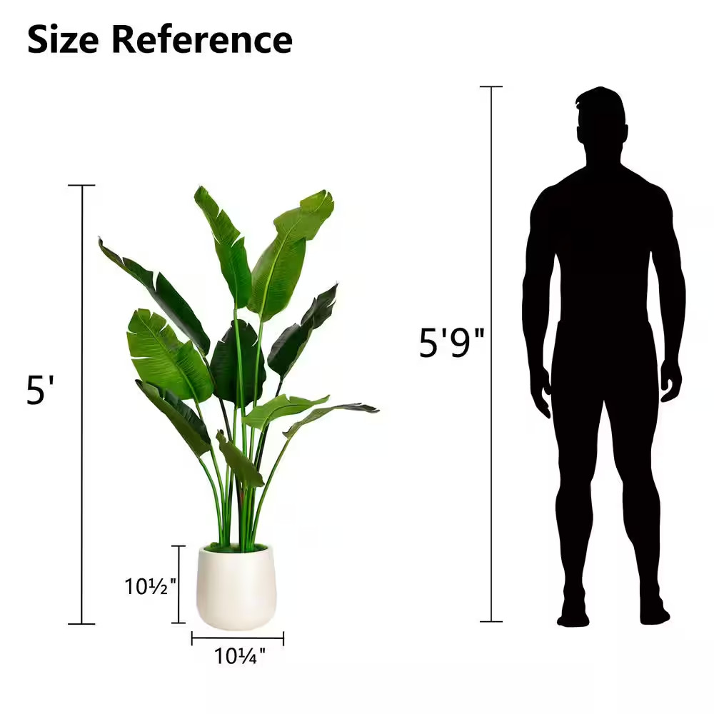 5 Ft. Artificial Banana Leaf Tree Bird of Paradise in White Decor Pot, Faux Gree
