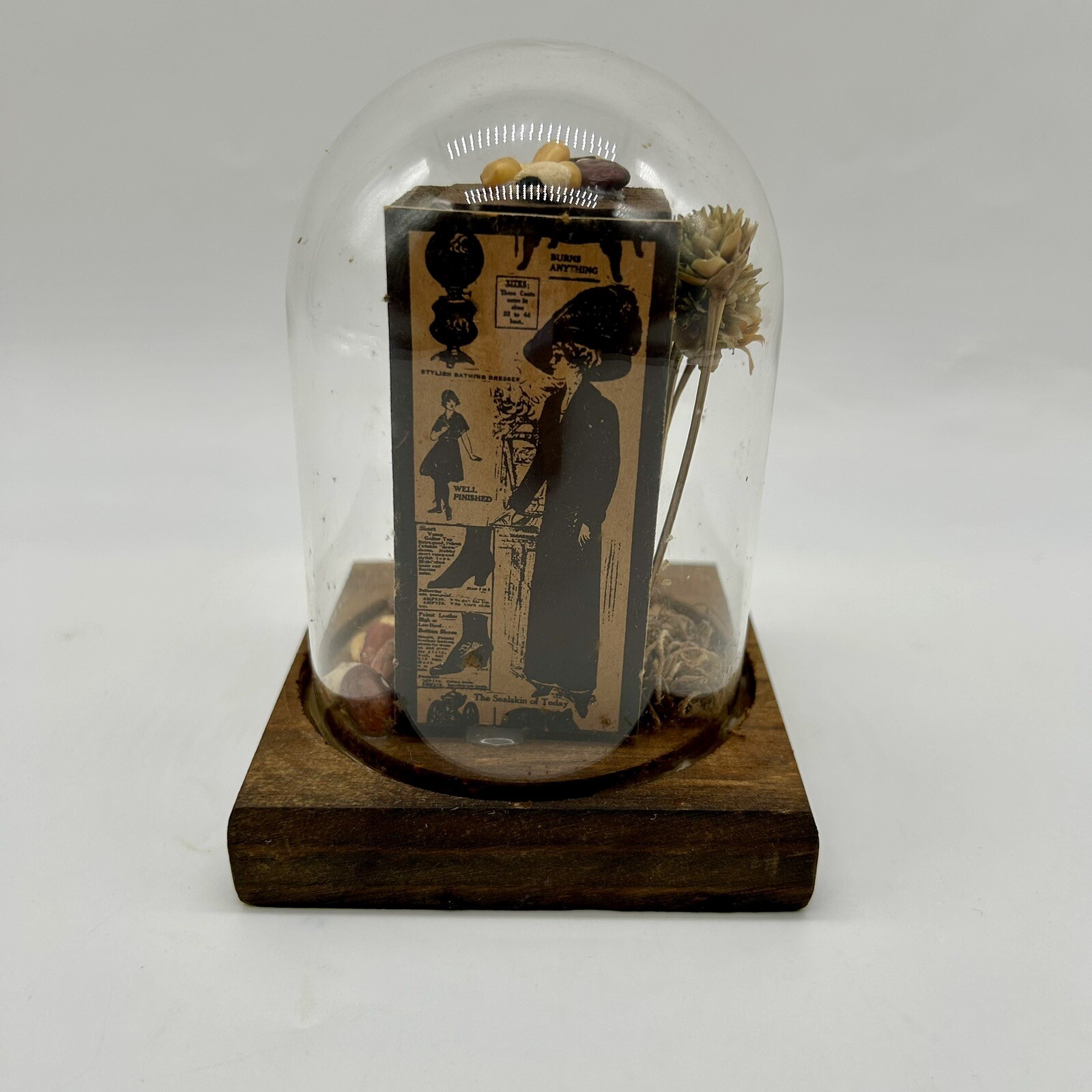 Vintage Leonard Creations California Glass Dome Cloche Dried Flowers Shadow box