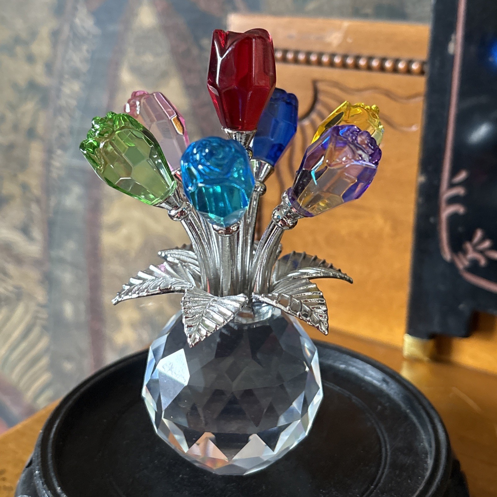 Colorful Rose Flower Crystal Figurines with Vase, Bouquet Flowers Ornament