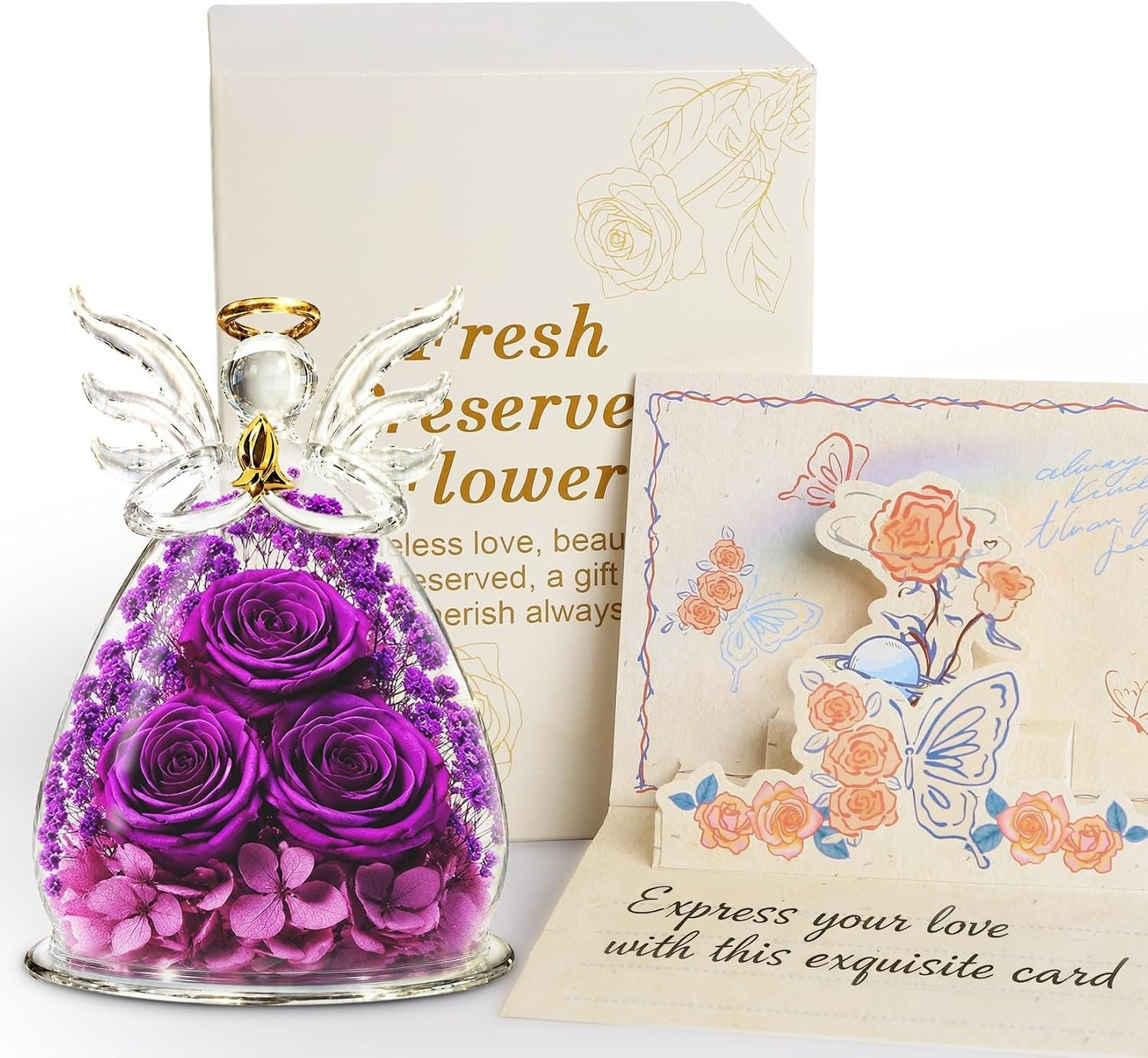 Lighted Guardian Angel Amethyst Color Preserved Flower for Loss Strength & Love
