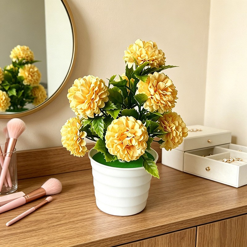 Realistic 8-Bloom Artificial Hydrangea in Compact White Pot for Desk or Shelf