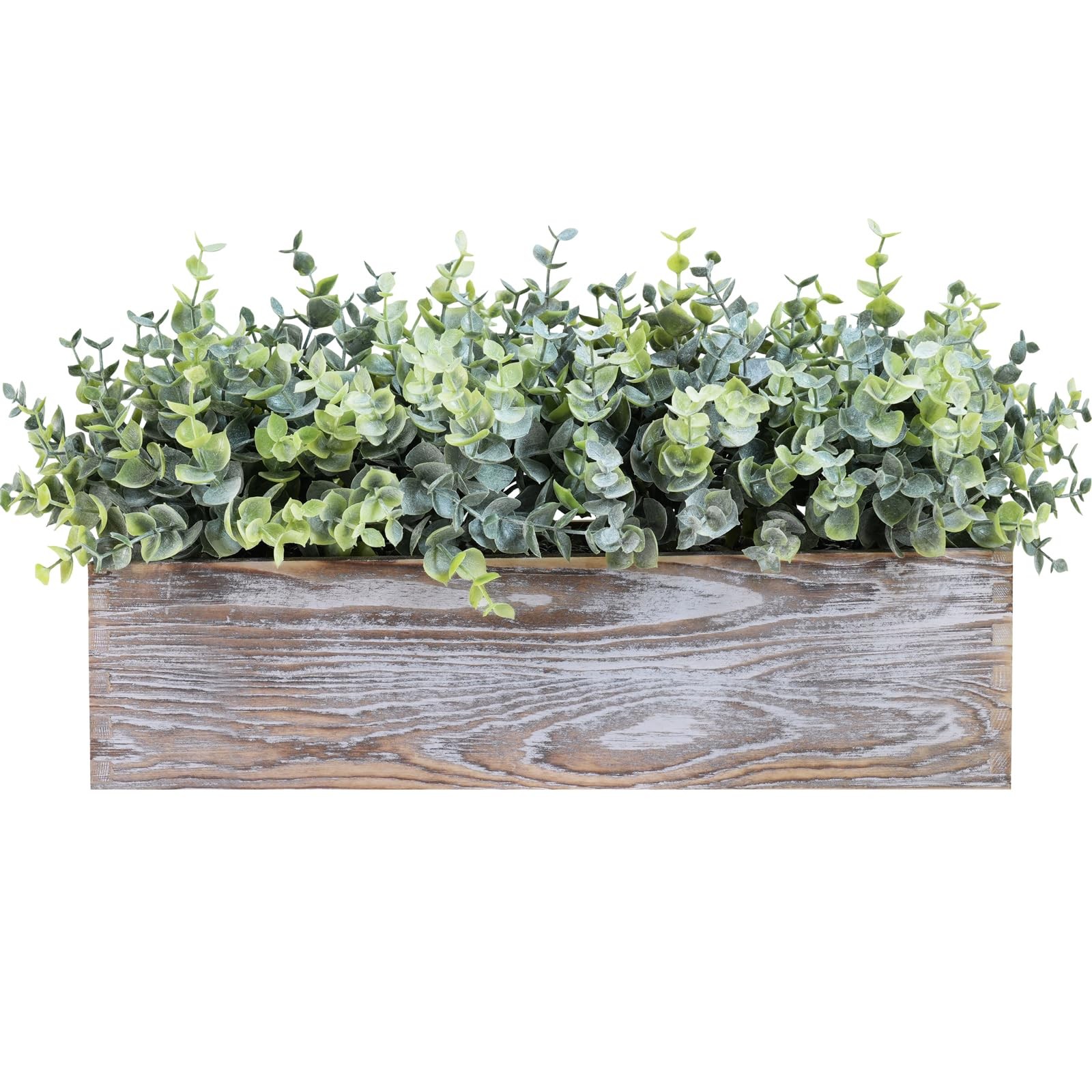 14″ Artificial Eucalyptus in Rustic Rectangular Wooden Planter Faux Potted Eu…