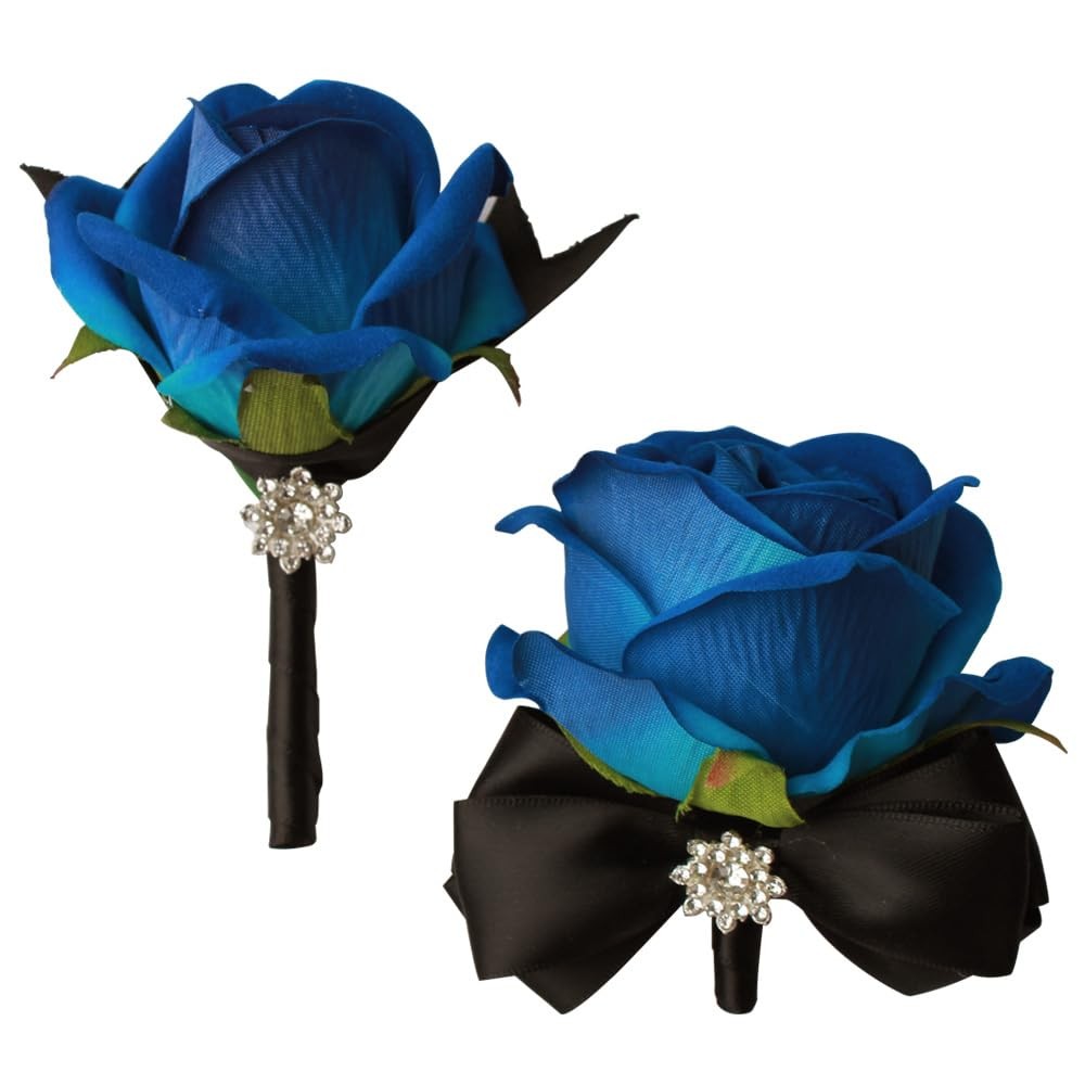 2 PCS Wrist Corsage Rose Boutonniere Set Wedding Prom Hand Decor Black Blue