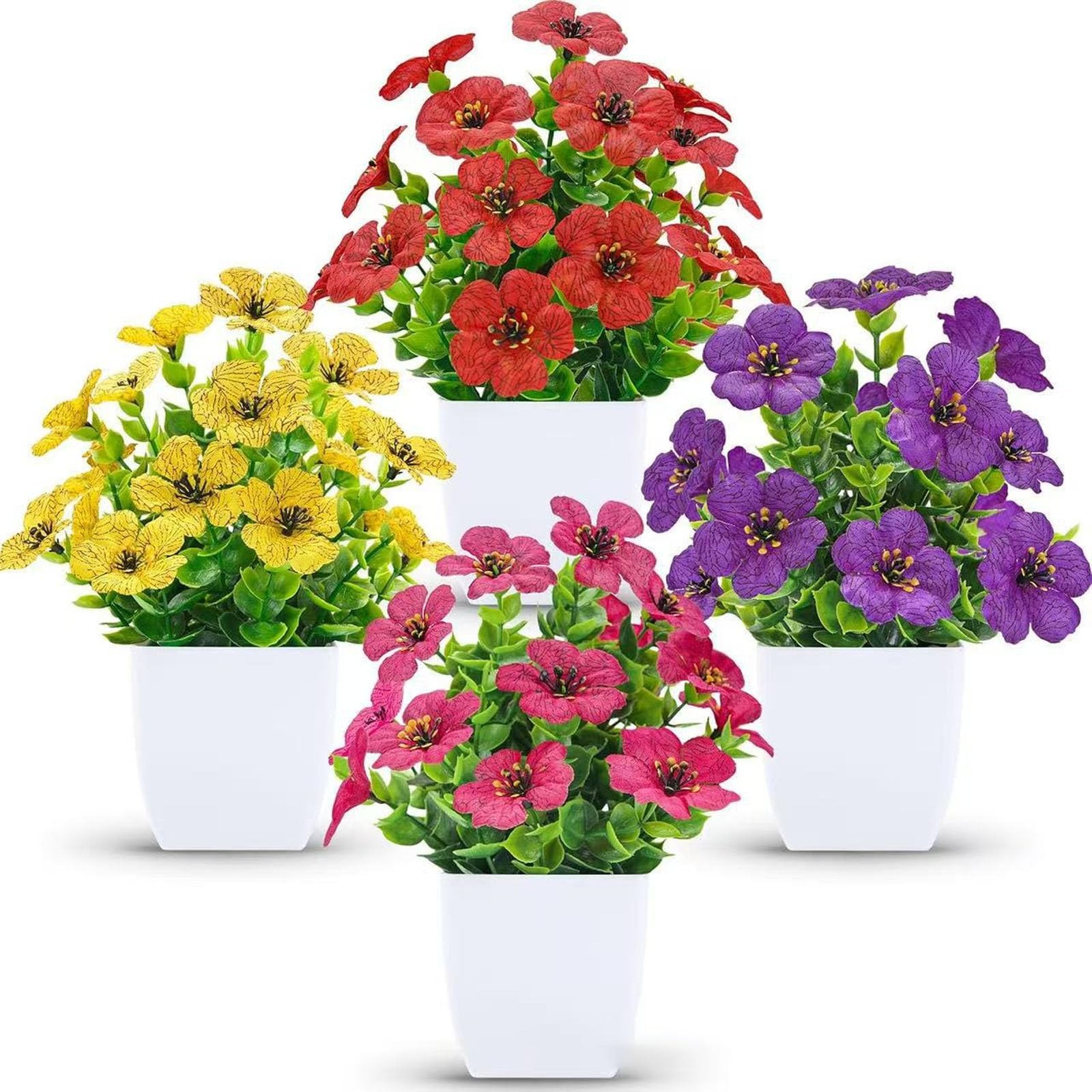4-Pots Artificial Potted Flowers, Resistant Fake Flower Plants in White Pot, …