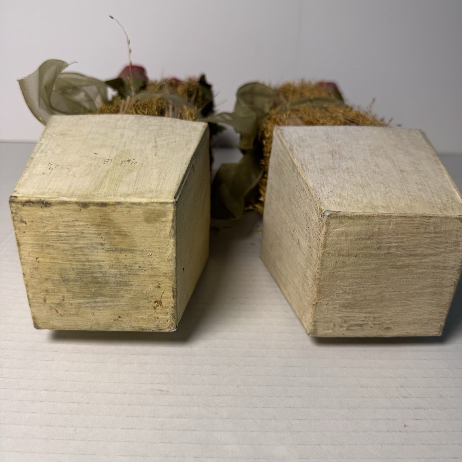 Decorative Pair Of Rose Bud Bundles With Greenery And Wood Box Containers