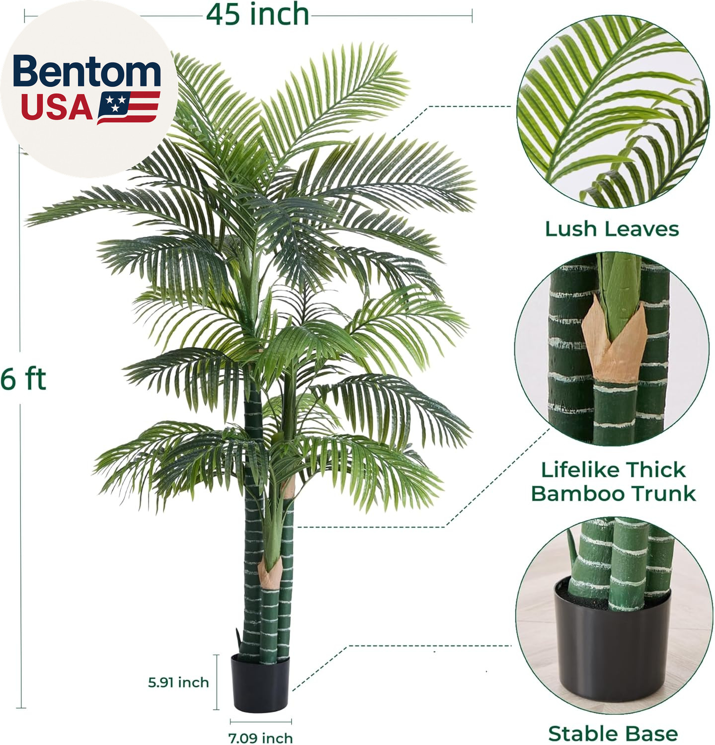 6FT Tall Triple Golden Cane Palm Tree (1 Pack), Large Faux Plants, UV Resistant