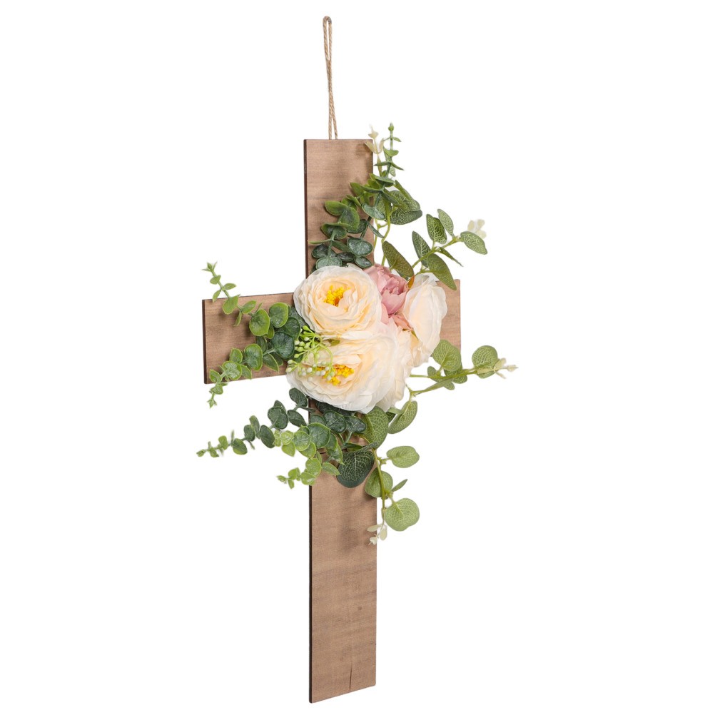 Decorative Wood Cross Wall Hanging with Beige Artificial Flowers Matte Finish