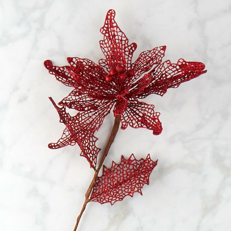 Red Glitter Lace Poinsettia Stem | 2 Pieces