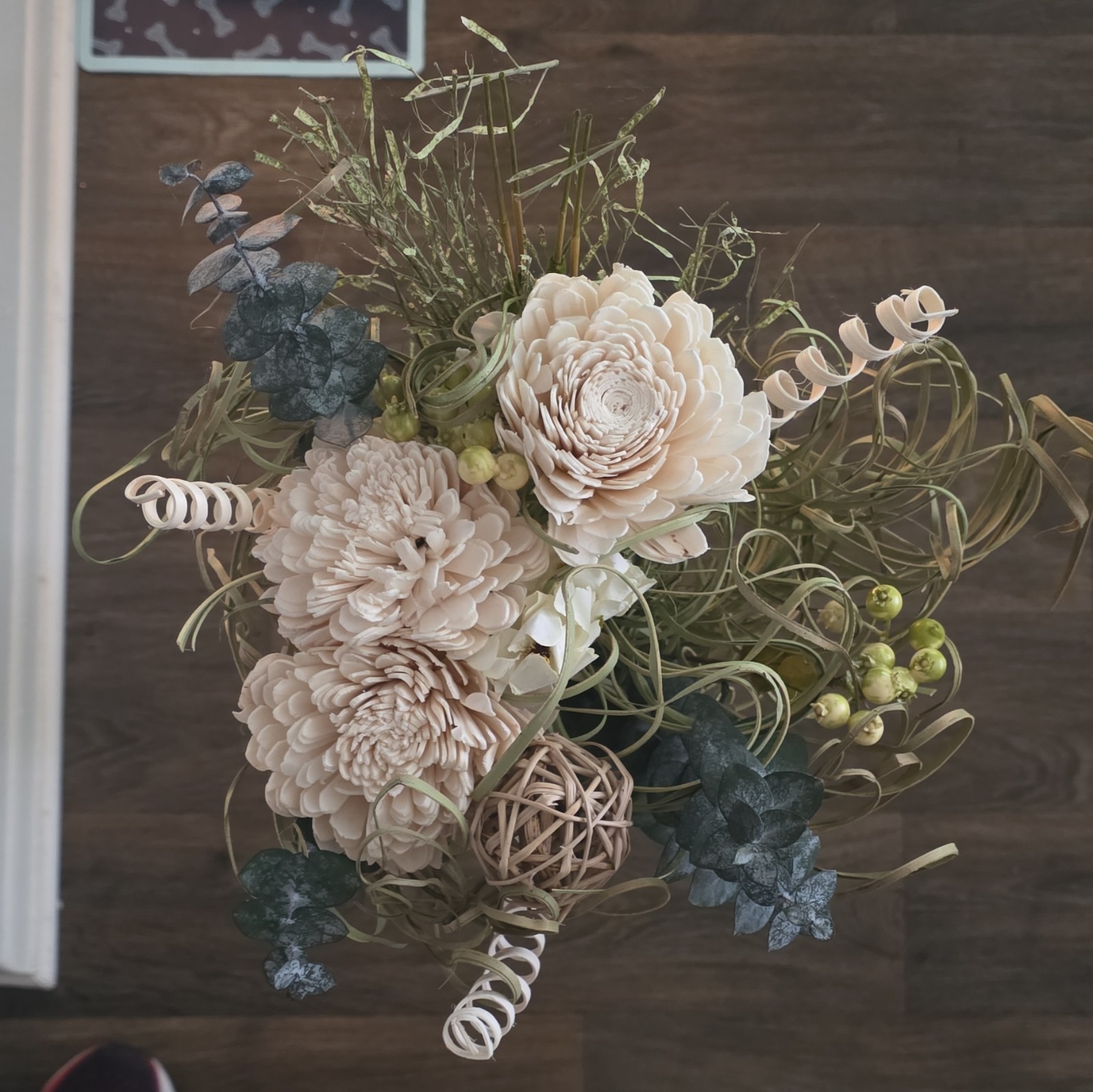 Artificial Floral Arrangement Centerpiece Beige Flowers Eucalyptus Greenery Blue