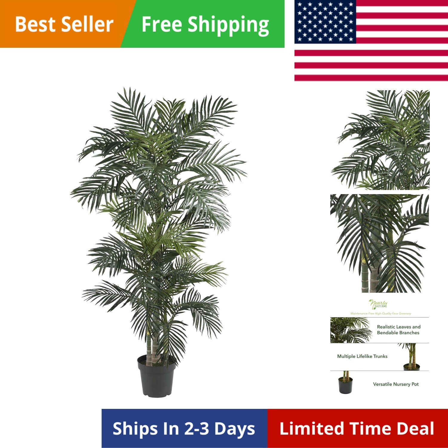 6.5ft Artificial Golden Cane Palm Tree, Lifelike Silk Indoor Palm With Three …
