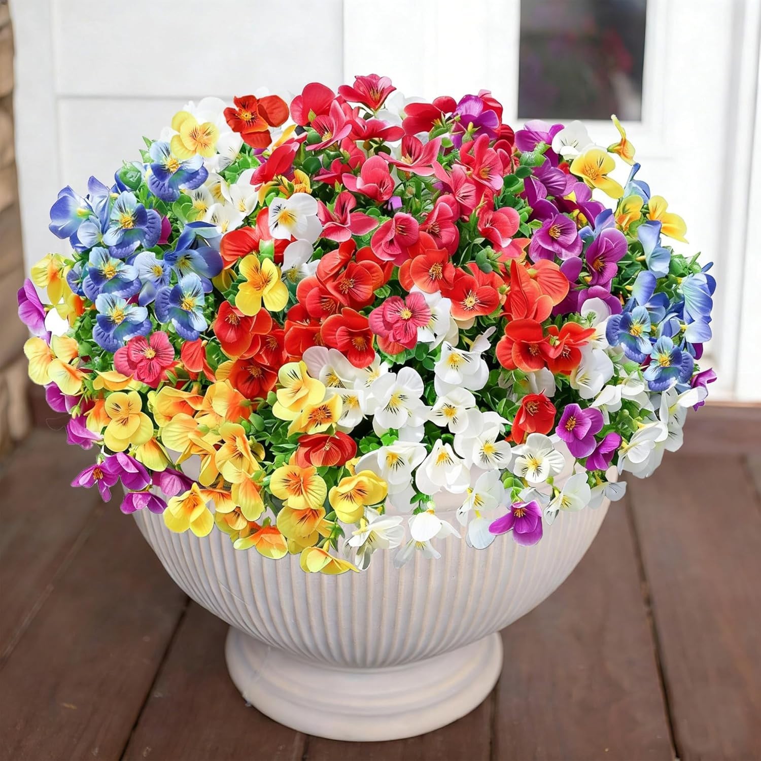 Artificial Pansy Flowers with Eucalyptus—Perfect for Gardens & Porches, 12 Count