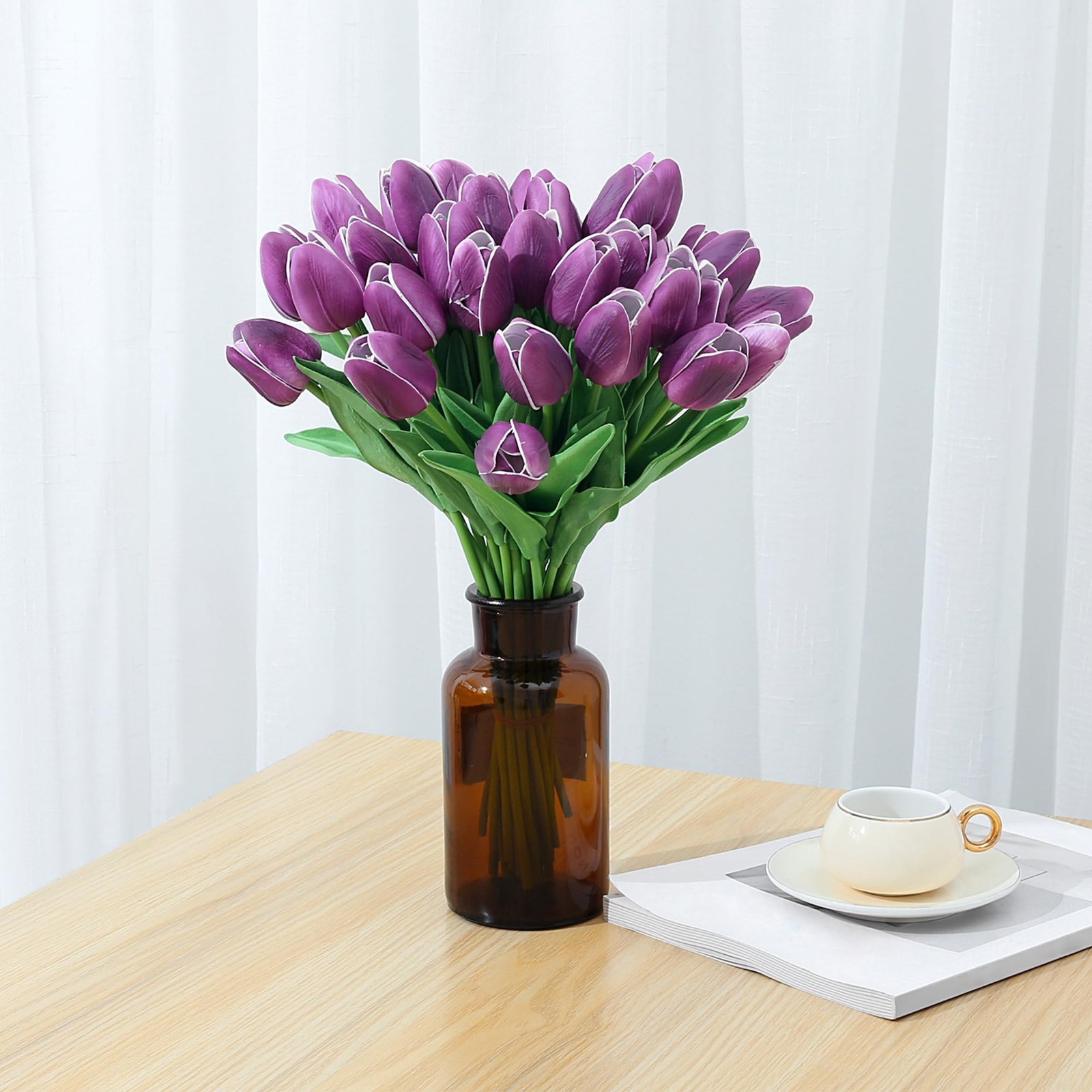 15pcs Purple Tulips Fake Artificial Flowers Real Touch 14″ PU Flower for Home…
