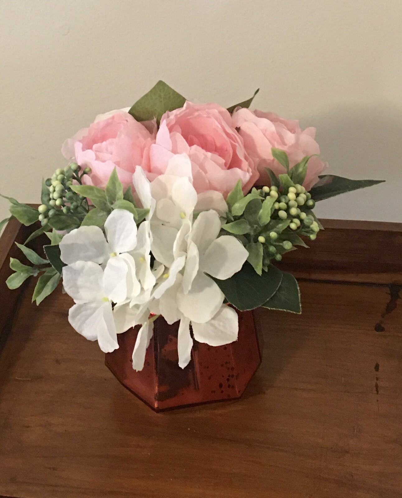 Floral Arrangement with Dahlia Hydrangea Berries in Bronze Glass Vase Handmade