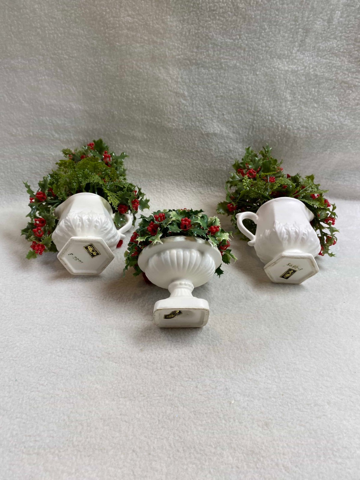 Vtg 3 Inarco Plastic Foliage (Holly/Roses) Displays in White Pitchers/Containers