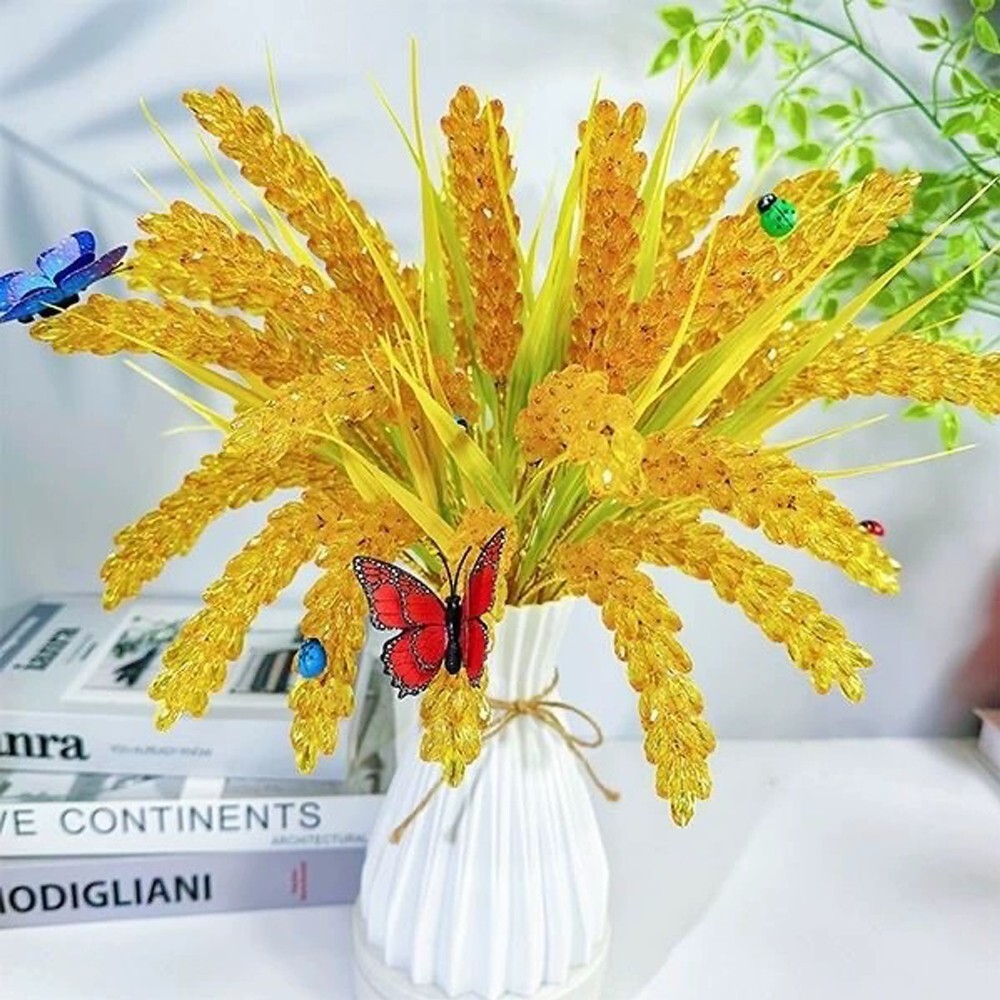 12pcs Crystal Golden Wheat Heads Artificial Rice Ear with Stalks Home Decoration