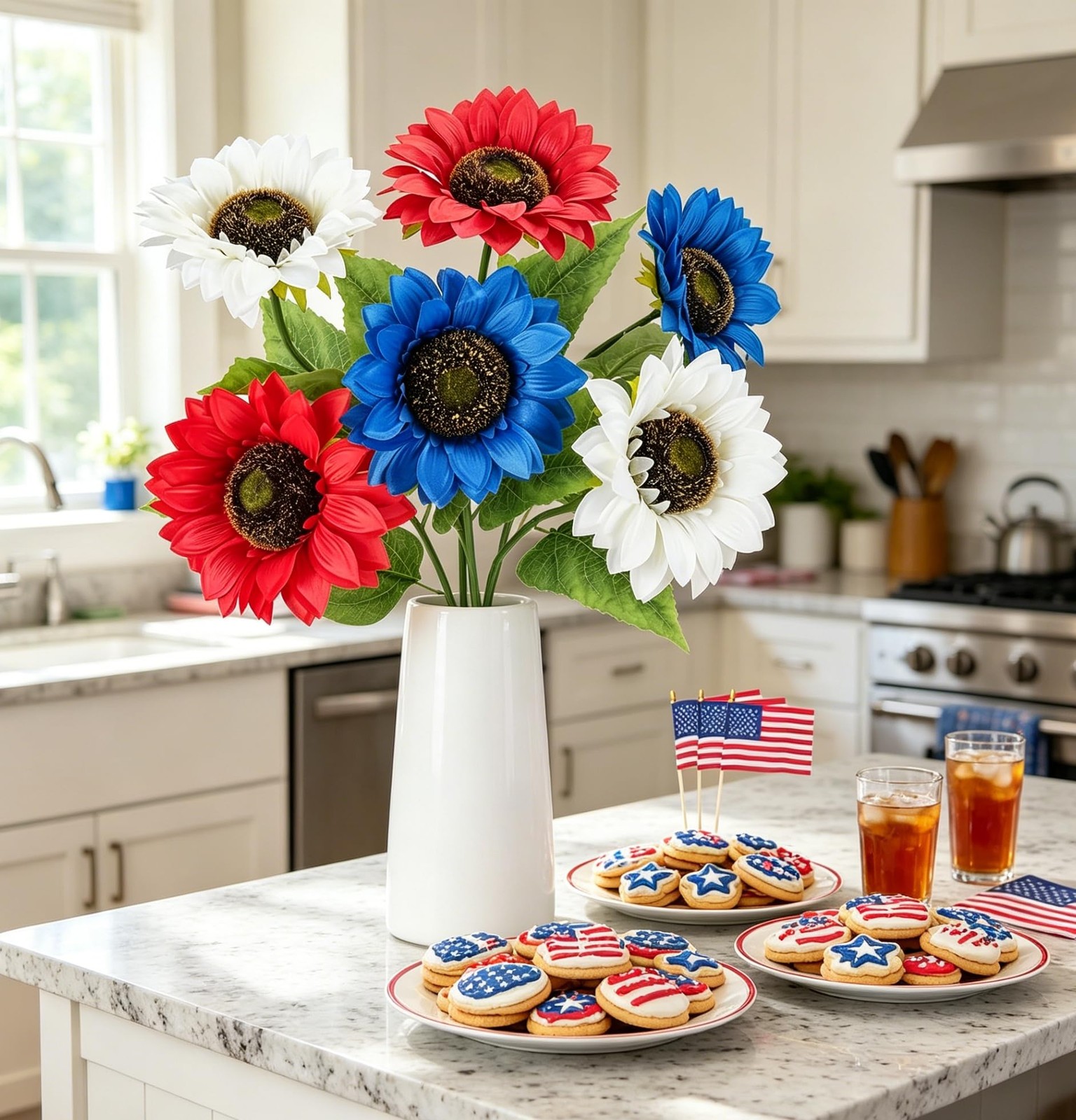 6PCS Patriotic Sunflower Bouquet – Red White and Blue Flowers with 3 American…