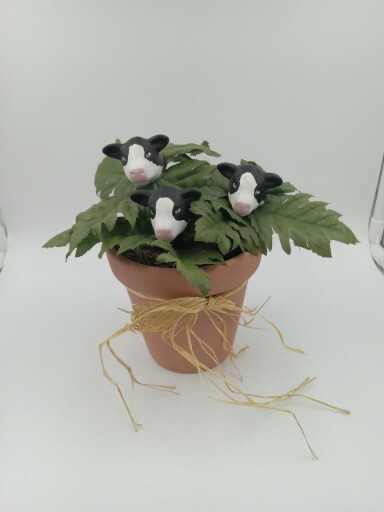 Kitchy Black & White Cow Figurine Planter Arrangement Terracotta Pot Farmhouse