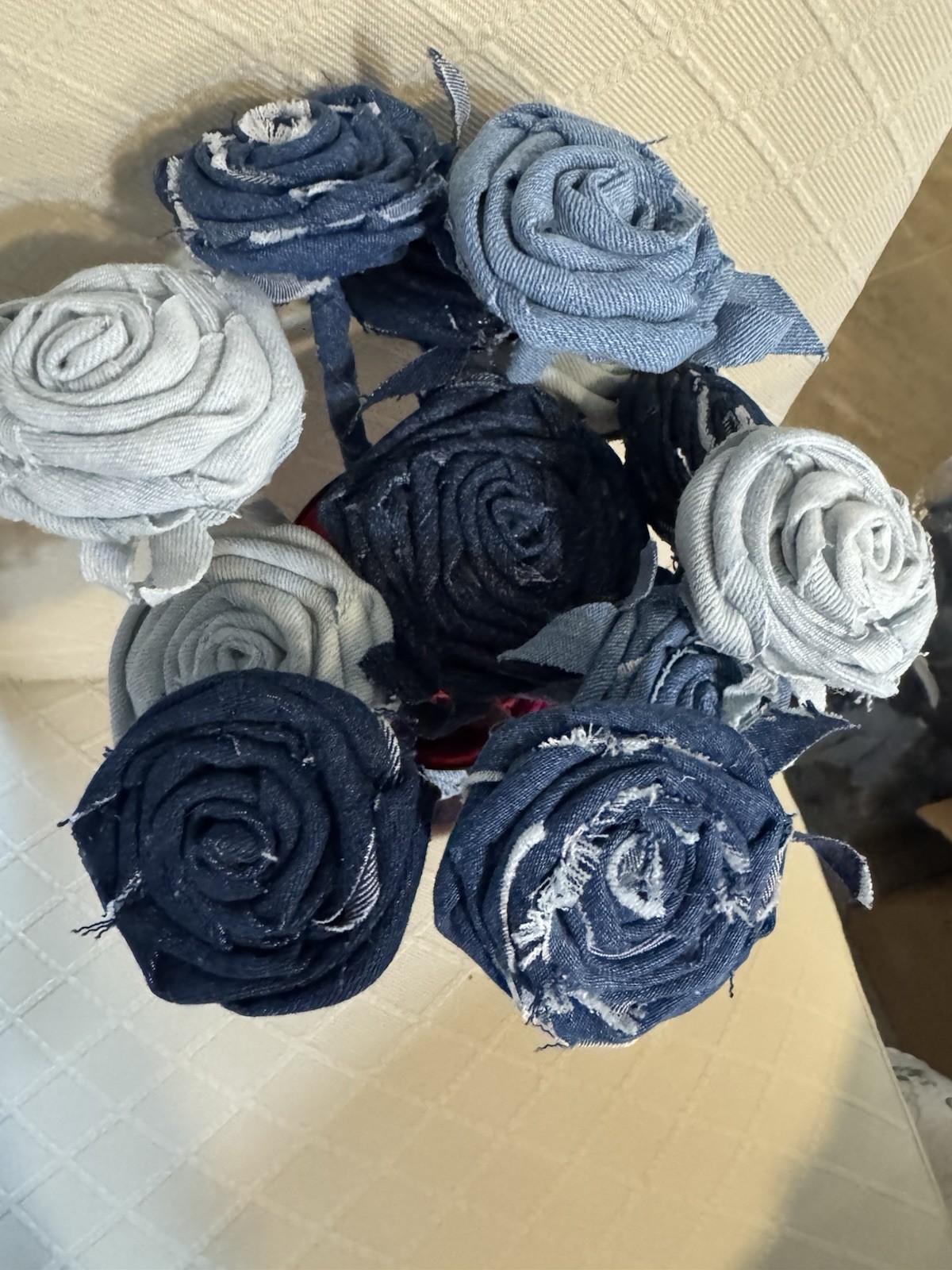 12 (a Dozen) Handmade Denim Roses, Upcycled Vase, Birthday, Mother’s Day, Easter