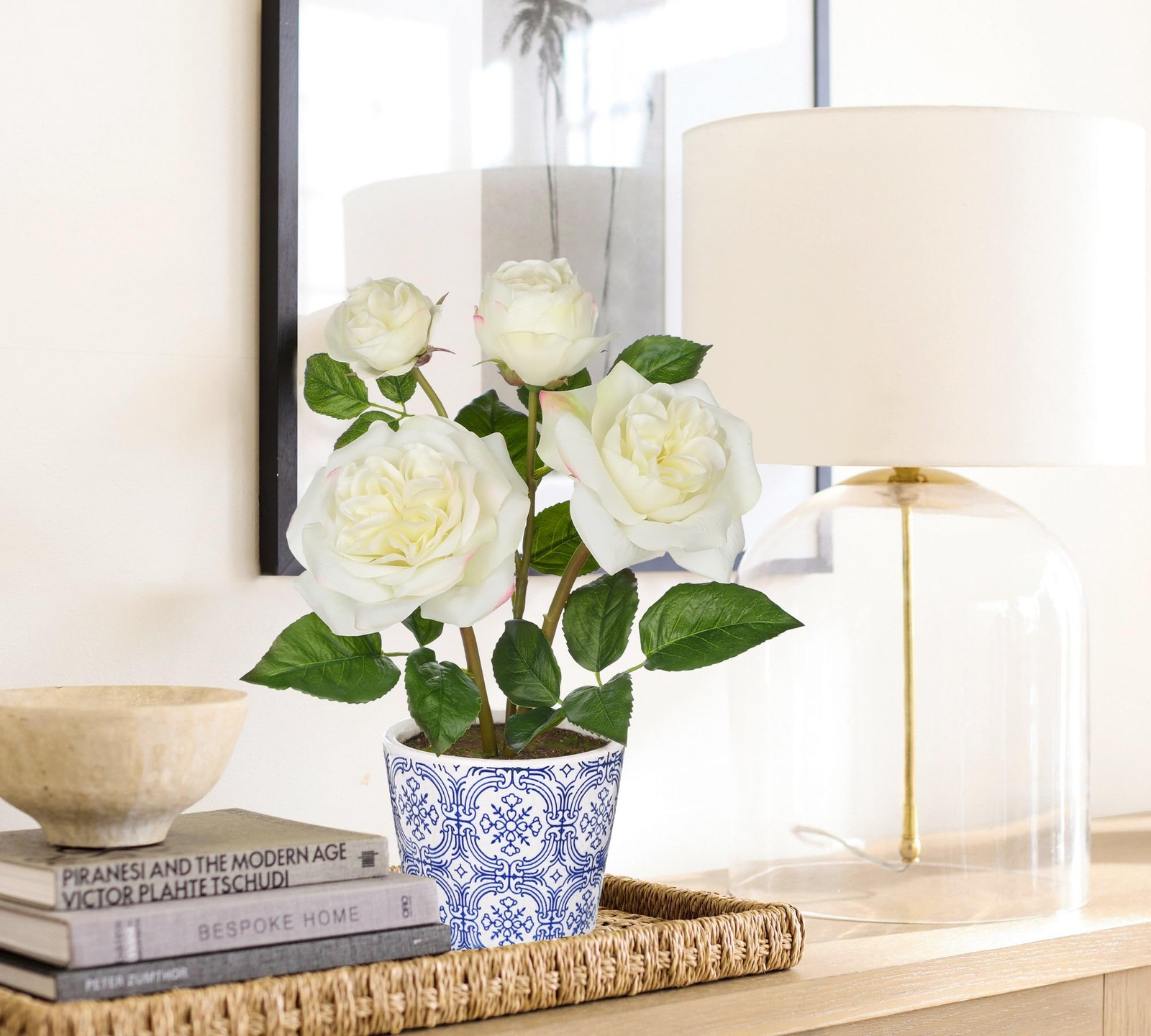 White Real Touch Roses Artificial Flowers in Vase Blue and White Porcelain Ce…