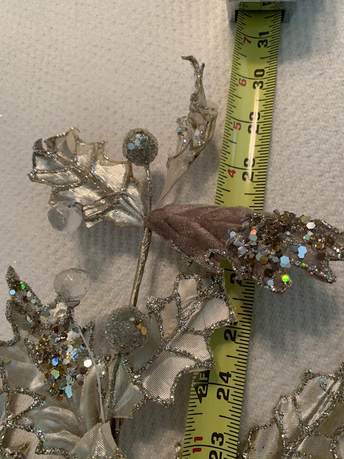 30” Leaf Cluster Floral Stem Decor Platinum Jeweled Glitter Christmas Wedding