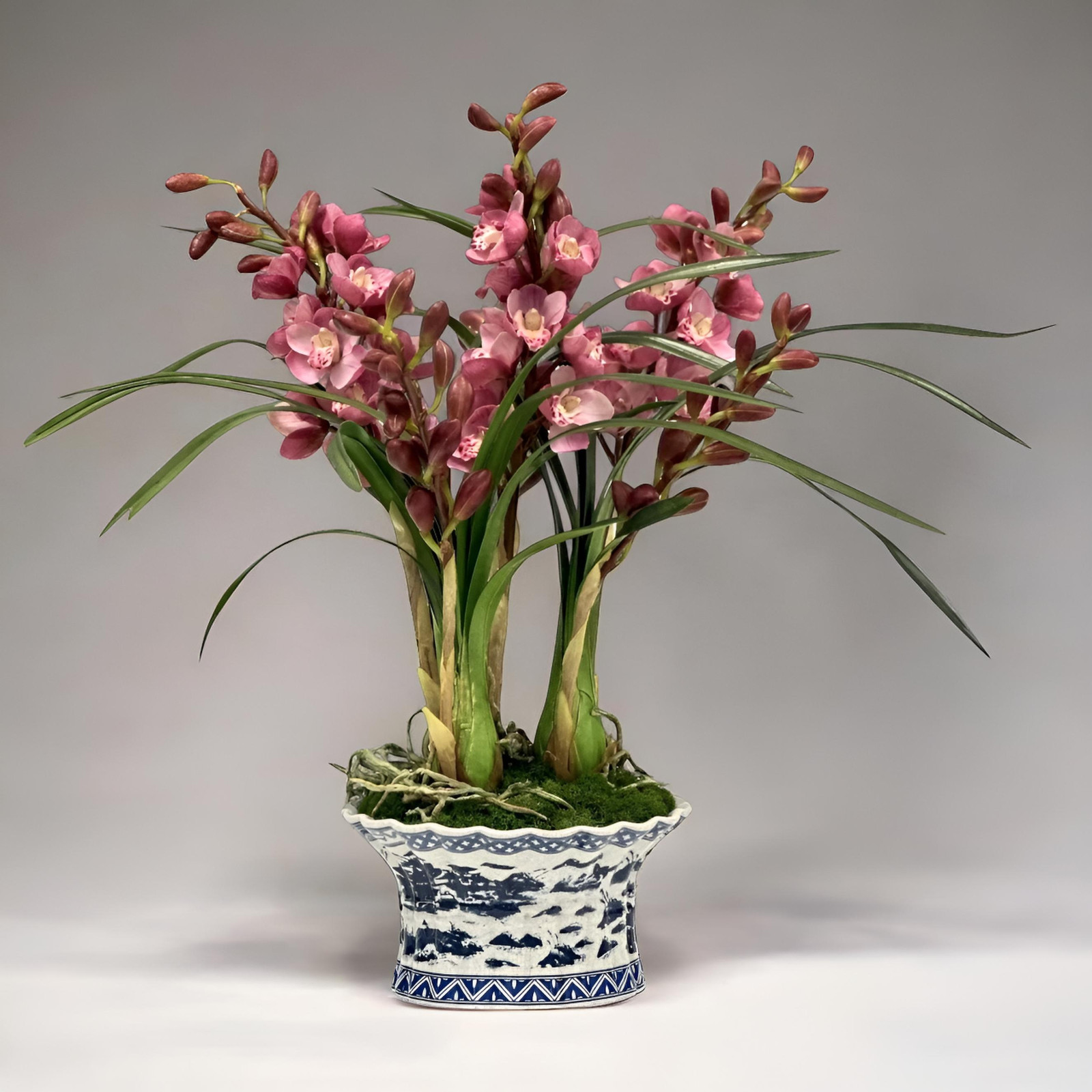New Luxury Handcrafted Orchid Arrangement in Chinoiserie Porcelain Cachepot