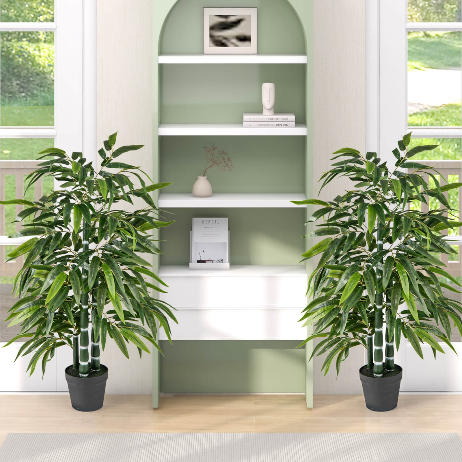 50″ Tall Artificial Potted Tree w/3 PE Bamboo Trunk Flush Leaves Realistic Soil