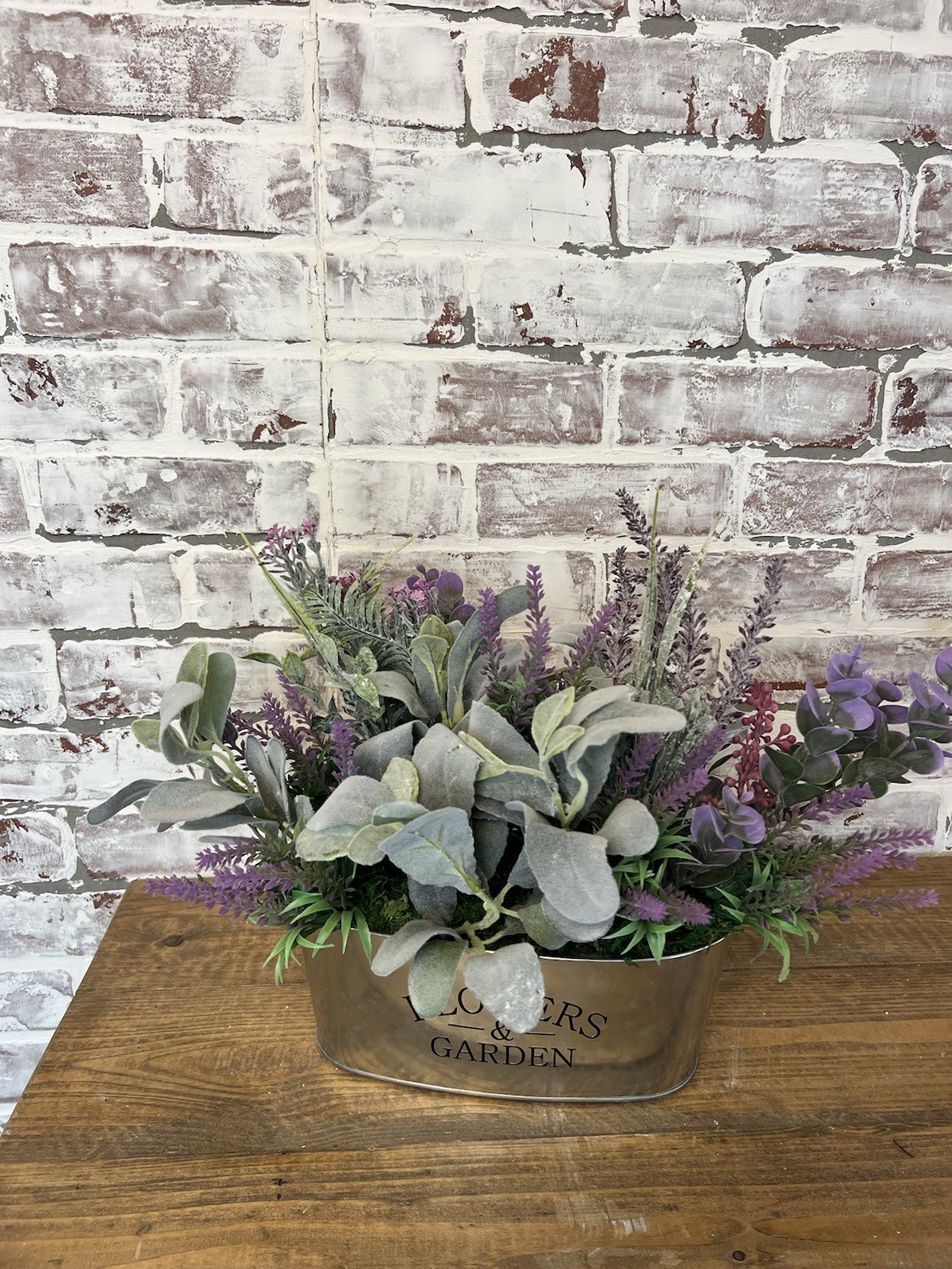 Lavender And Lambs Ear Floral Arrangement In A Galvanized Metal Container.