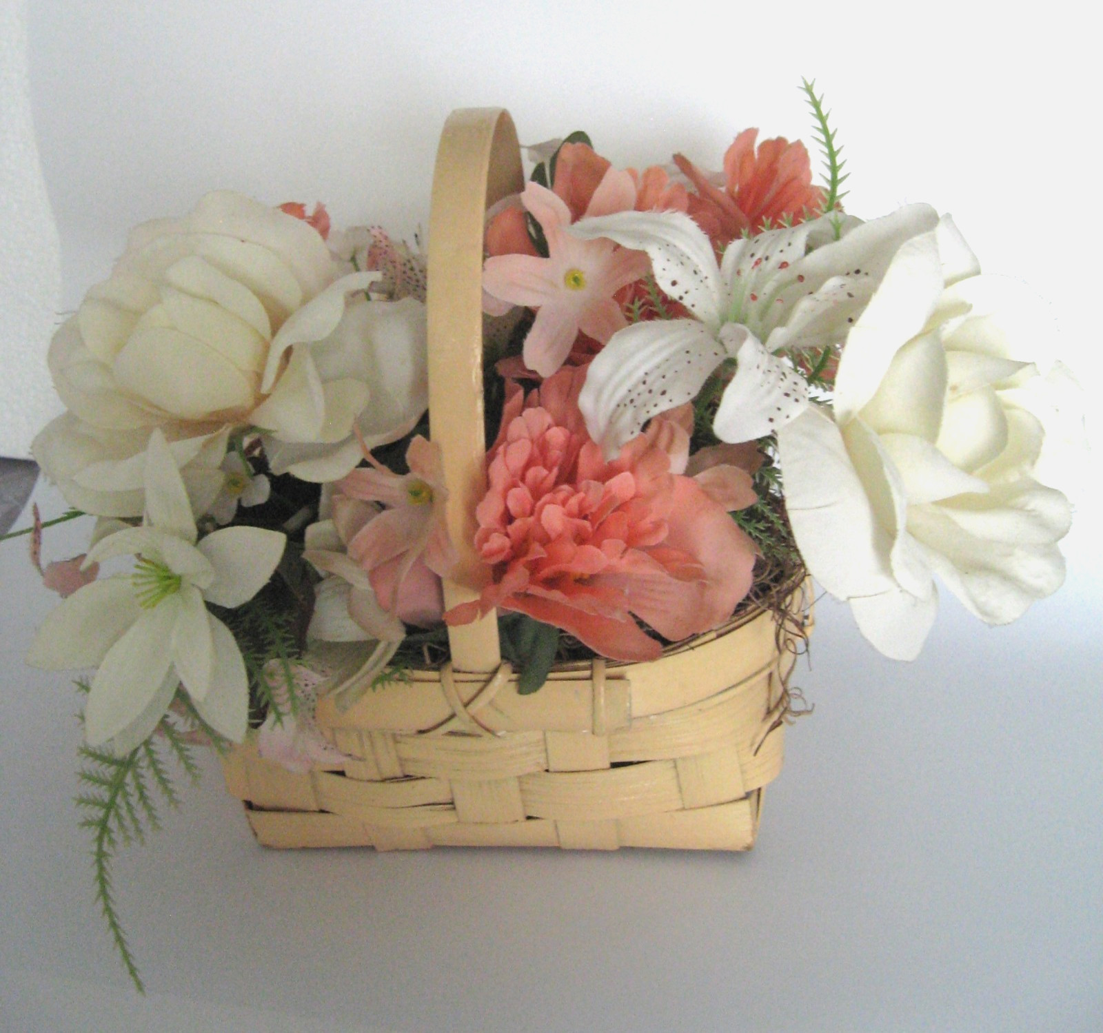 Artificial Floral Arrangement in Basket White Roses Lilies Peach Flowers Ferns