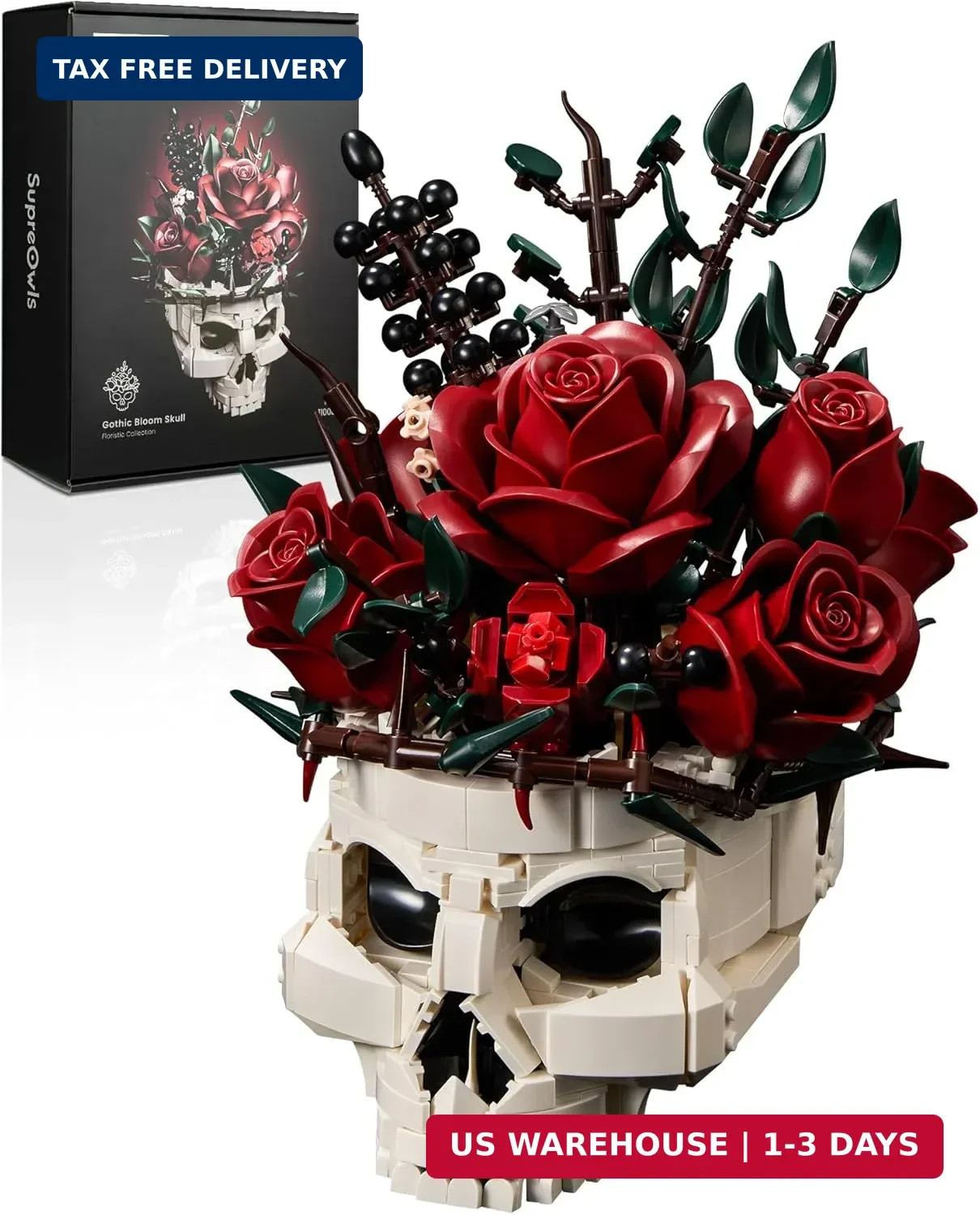 Gothic Skull Rose Flower Bouquet Building Set – Horror Skeleton Botanical Brick