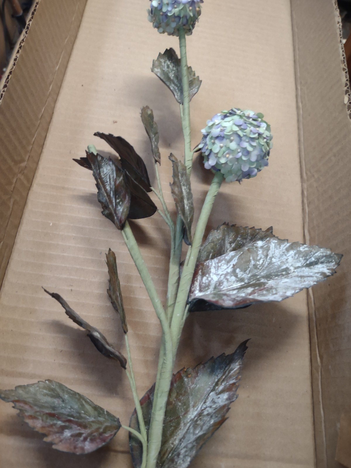 3 Stems Globe Flowers, Dry-Look Lavender/Green w/Dusty Leaves, Wired, 24″ Length