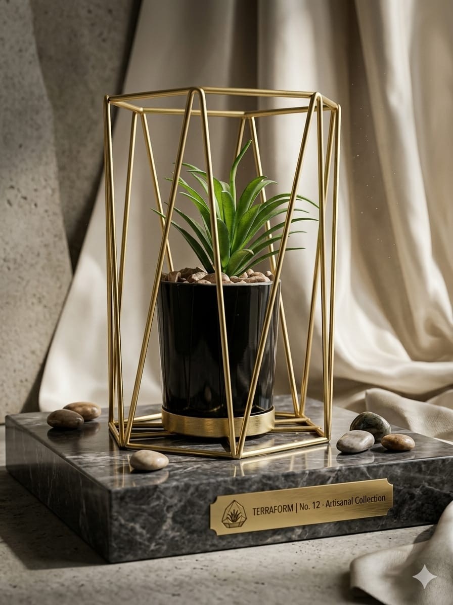 Minimalist Decor Artificial Plant Geometric Design Gold Frame Modern Accessory