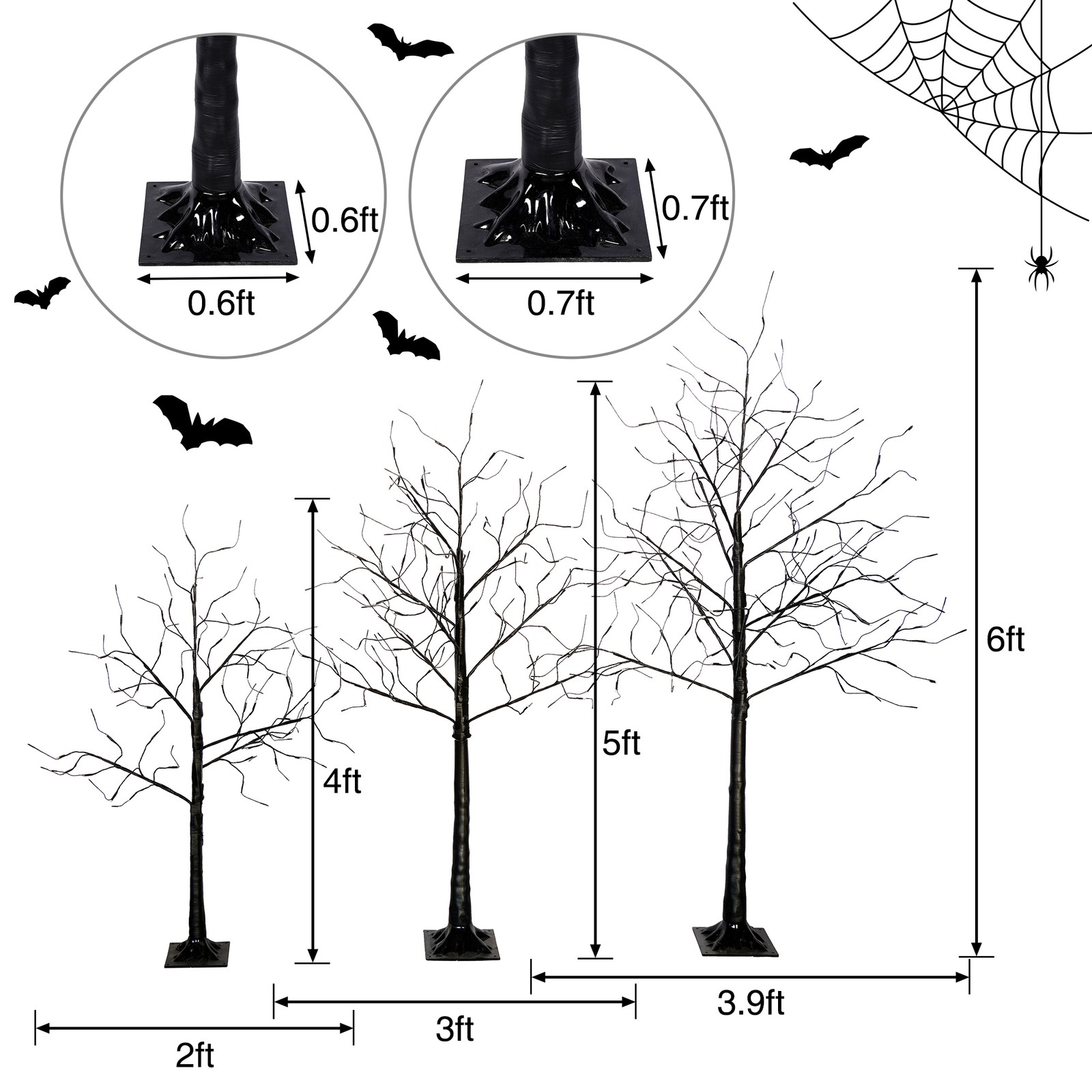 3 Pac Halloween Spooky Tree with Purple Lights, 4FT 5FT and 6FT, Lighted Tree